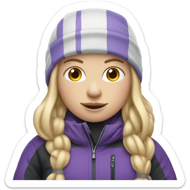 Chubby female long blonde hair skier with purpley-grey jacket and black pants sticker