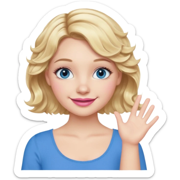 Girl Blonde short wavy hair,  blue eyes, cute blue top, long lashes, pink lips, smiling, one hand 🤷🏼‍♀️  sticker
