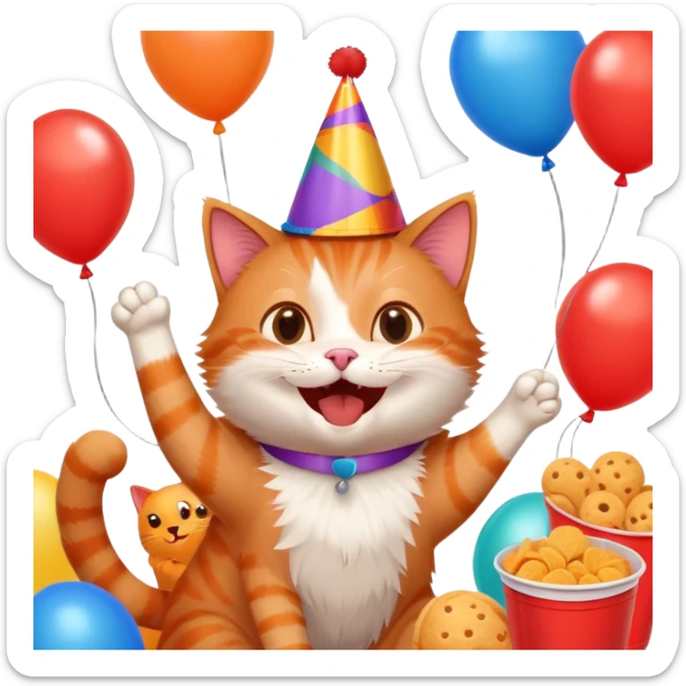 cat laughing with friends, surrounded by balloons and snacks, college party scene sticker