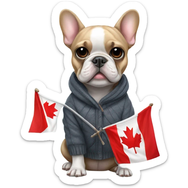 French bulldog in winter clothes holding a Canadian flag sticker