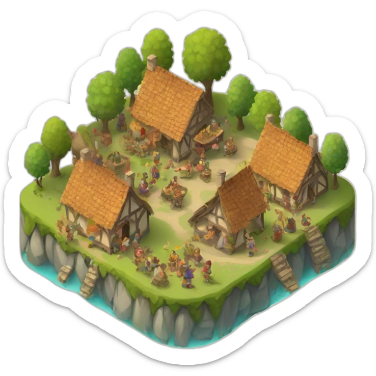 isometric view of a medieval village, festival mood, celebration, people celebrating sticker