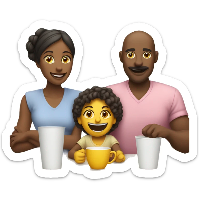 An emoji of a family—mother, father, and child—sitting at a table, playing a cup game with paper cups arranged on the table as they have fun together sticker