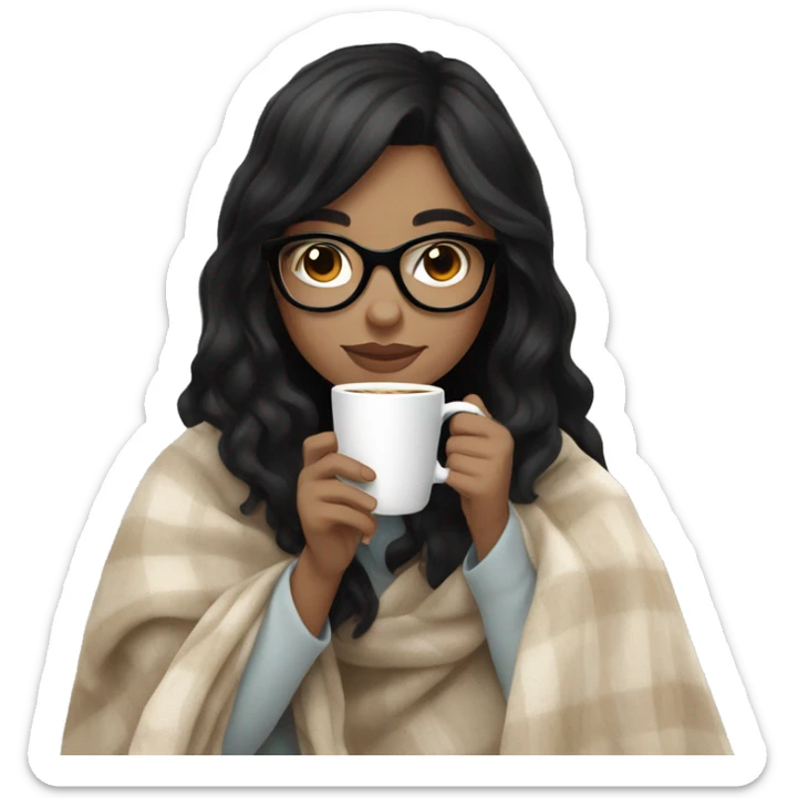 girl with black hair and glasses, white skin, drinking coffee wearing blanket. use all pastel, nude colors sticker