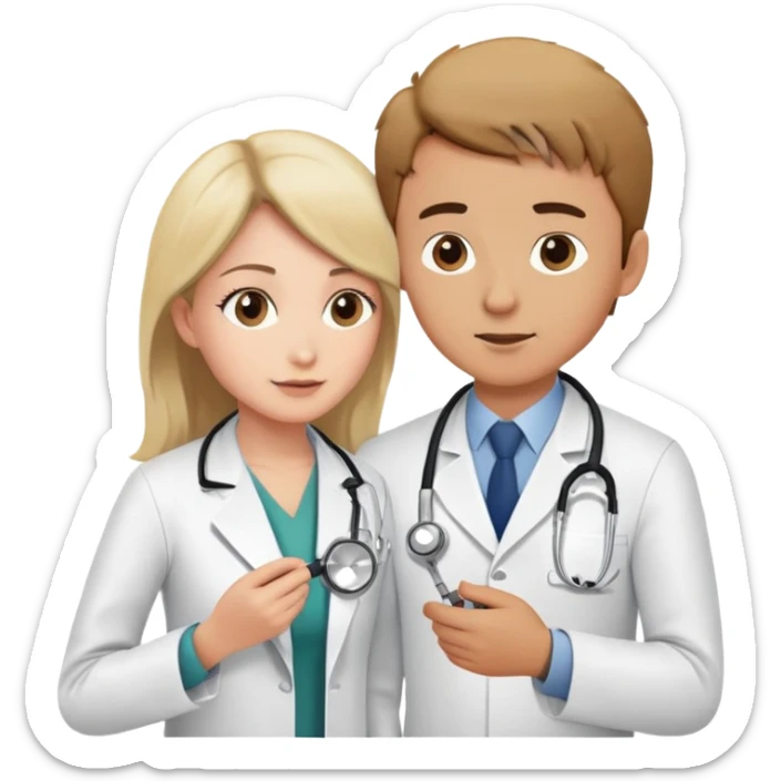 Female doctor in white coat using stethoscope to examine male patient's bare upper body during medical check-up sticker