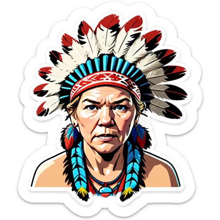 Make a picture of Senator Elizabeth Warren with a traditional Native American headdress make it realistically cartoonish without the braids really accentuate  her wrinkles make her hair blonder and get rid of the headdress besides make her look afraid  sticker