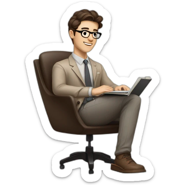 Pale skinned Fit Man With dark brown hair in gray jacket, beige office shirt, Brown pants and vintage glasses sitting In a soft chair with a notebook on spring with emblem Ψ and a pen sticker