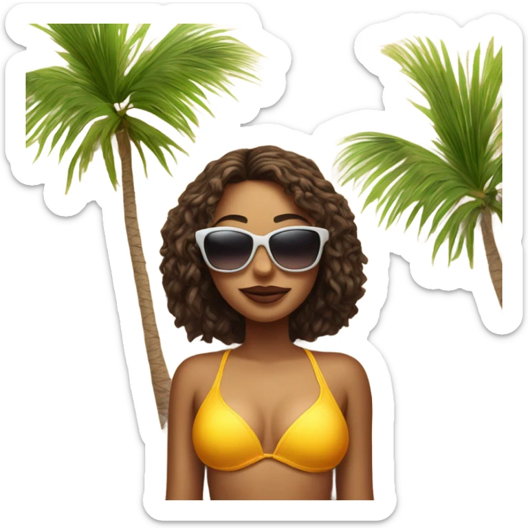 girl lies on the sand in a swimsuit and sunglasses, against the backdrop of a palm tree sticker