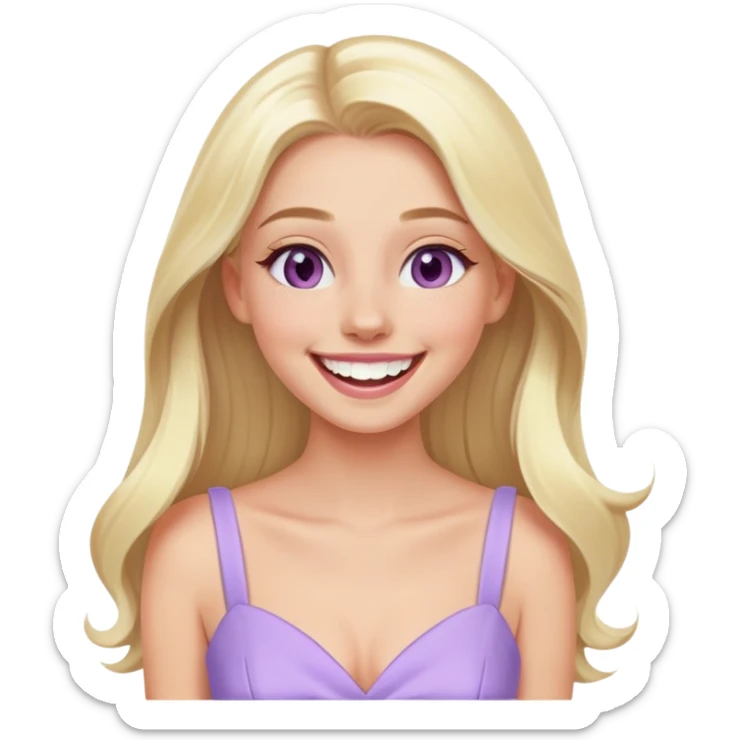 laughing Luxury blonde model, hazel eyes, sleek long hair, pastel purple dress sticker