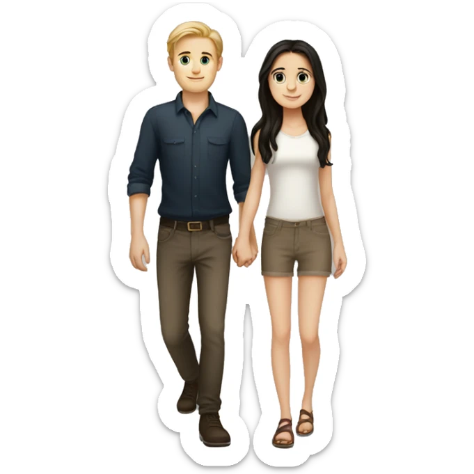 A small European white girl with dark hair and a tall European white boy with dark hair holding hands sticker