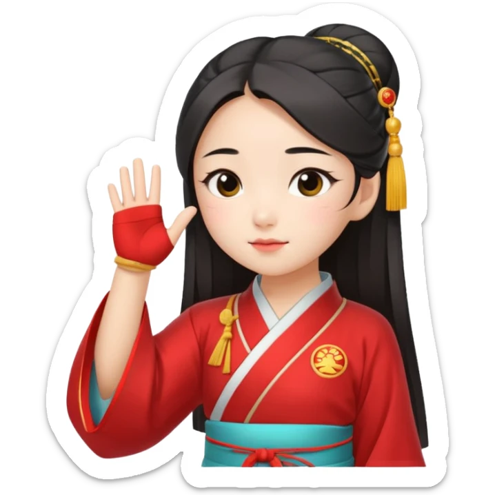 cute and sexy chinese girl in hanfu, paying respect by "salute" gesture, using right hand next to forehead sticker