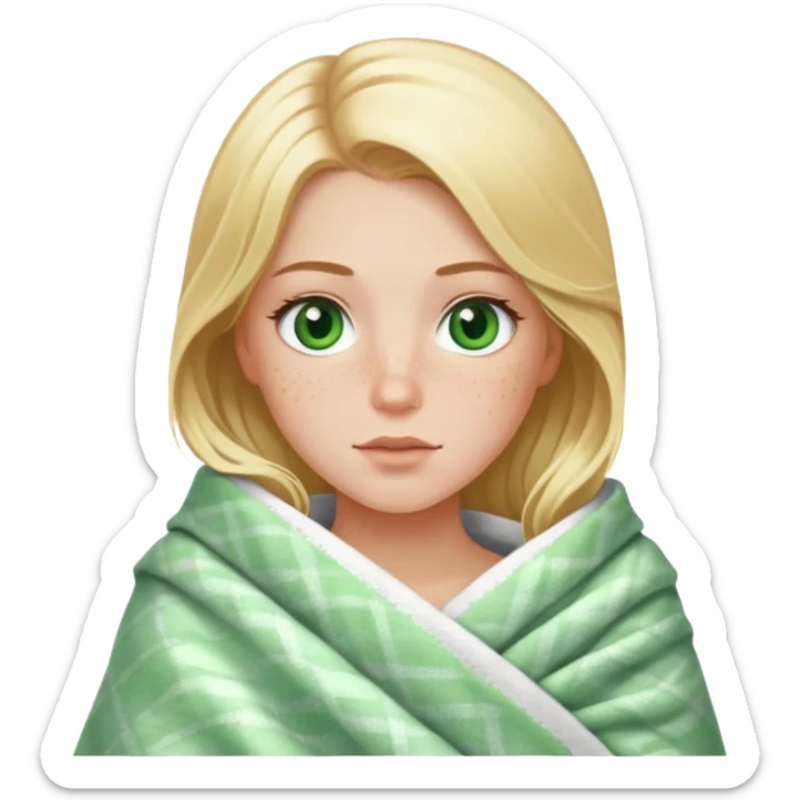Beautiful white girl with and blonde with green eyes and freckles wrapped in a blanket sticker