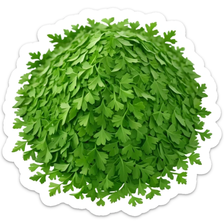 loose scatter of finely chopped dried parsley leaves with flat jagged shapes and soft matte texture, color ranges from bright to muted green, slight curl and crispness suggesting freshness preserved, no jar spoon or extras, just the herb, soft lighting, subtle shadows, emoji scale sticker