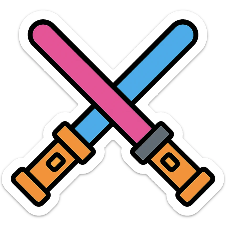 a pair of crossed lightsabers, one magenta and one blue, clean modern icon style sticker