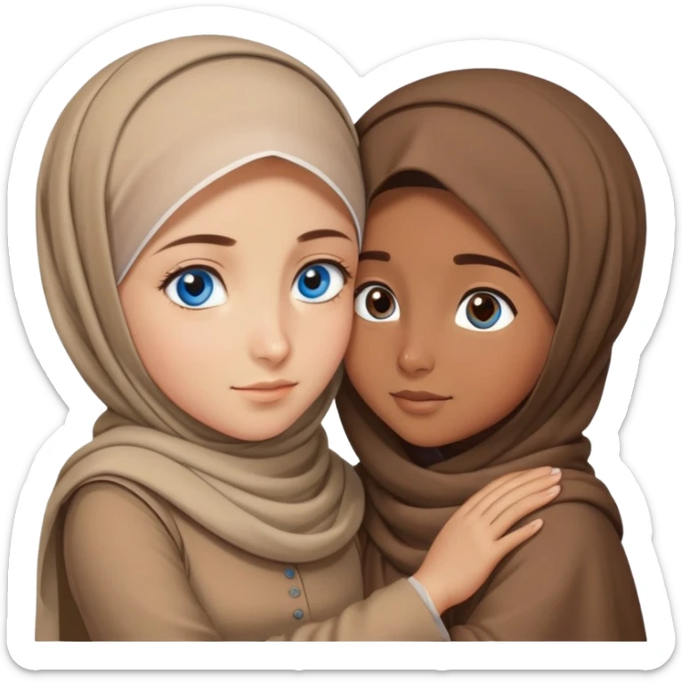 Turkish beautiful finish Konya girl blue eyes with brown beige hijab islamic dress and hugs with big brother  sticker