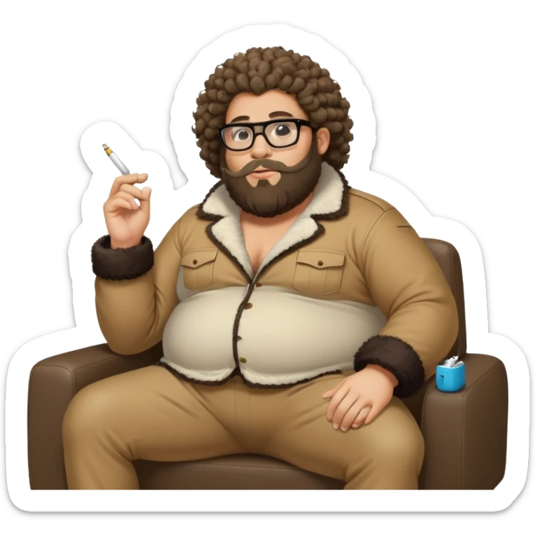 Fat jew curly hair with glasses and Beard seating on a gorilla sofa smoking a iqos sticker