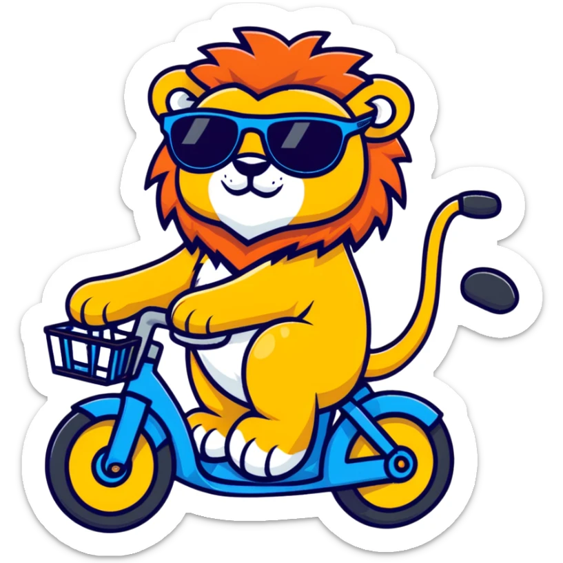 lion riding a bike with sunglasses, cartoon sticker style sticker