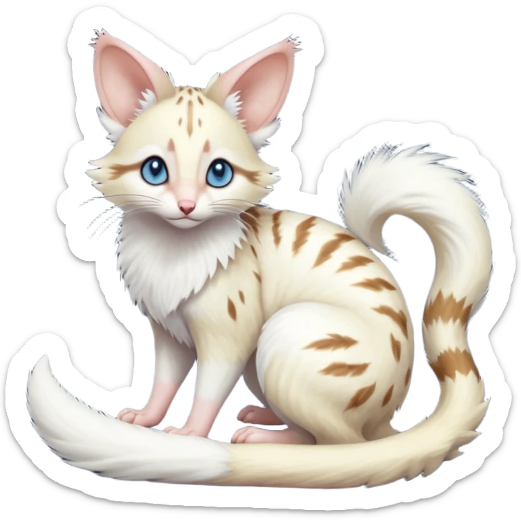 Albino-white, blue-eyed soft natural realistic romantic vintage antique divine beautiful elegant pretty precious cute young youthful  Fakémon-Pokémon-opossum-feline-mouse-serval-caracal-chinchilla-Minccino-Cinccino-Meowstic-rodent-hybrid-creature with a big fluffy bushy tail (full body) sticker