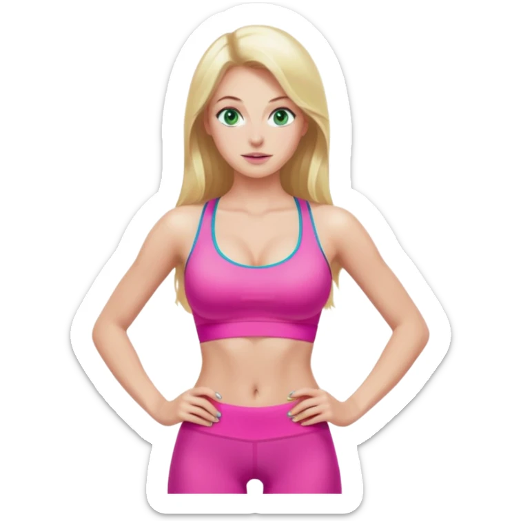 Long Blonde very small waist hourglass really big boobs green blue eyes gym tights skinny face bright pink sports bra sticker