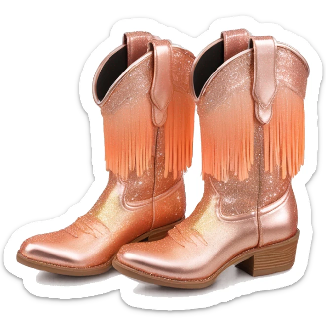Realistic rose gold and peach ombre pair of fashion cowgirl boots with sparkly shiny glitter fringe on them. sticker