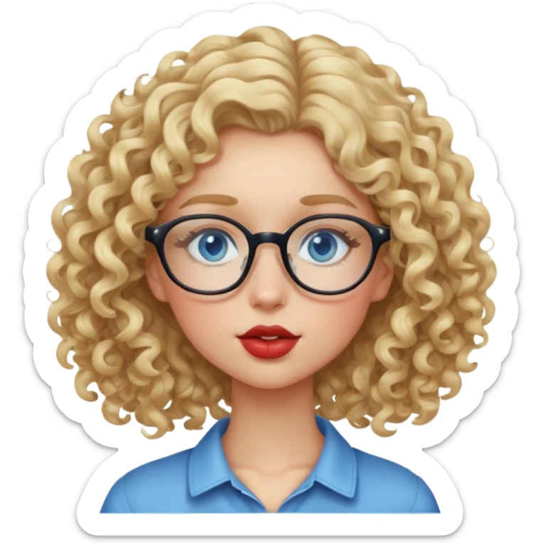 Blonde curly hair girl with glasses and blue eyes kissing face sticker