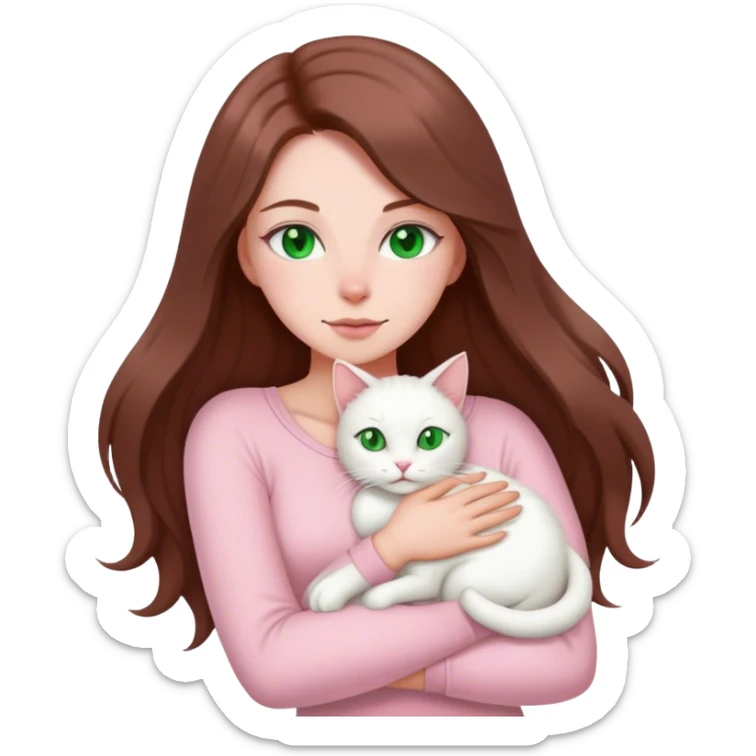 white woman with very long brown hair and green eyes in a light pink outfit hugging a white cat sticker