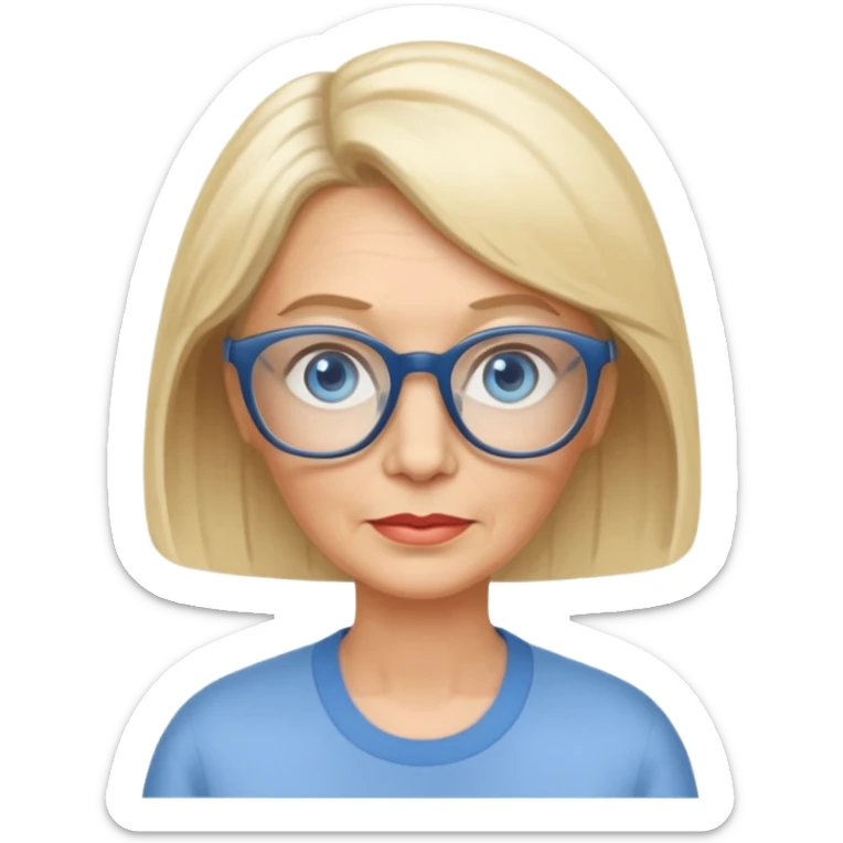 white woman about 60 years old blonde bobbed hair blue eyes glasses sticker