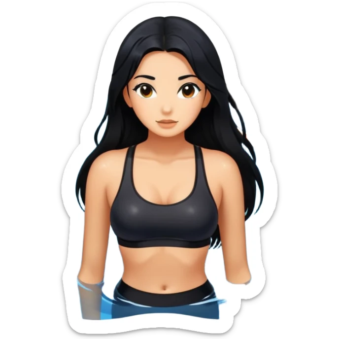 long black hair tanned woman, black sports bra, in koi pond, hot  sticker