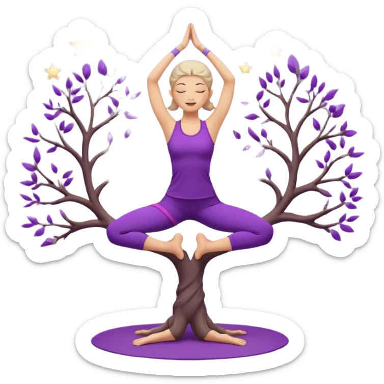A serene woman wearing purple yoga clothes balancing in tree pose, stars around her, meditative aura. sticker