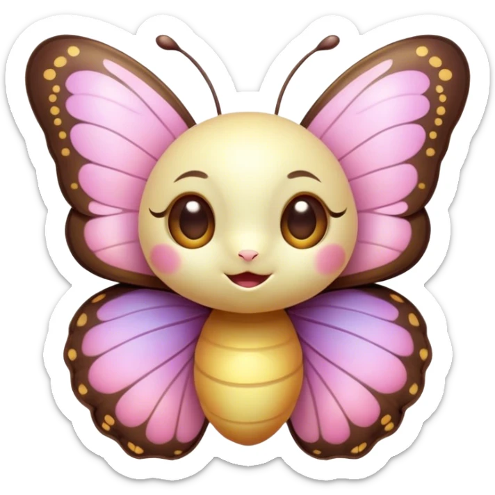 Cinematic Cute Butterfly Portrait Emoji, Head tilted playfully and inquisitively, featuring a charming, petite form with intricately detailed, softly tinted wings and round, sparkling eyes full of gentle wonder, Simplified yet irresistibly adorable features, highly detailed, glowing with a warm, inviting pastel glow, high shine, affectionate and lively, stylized with a touch of whimsical garden charm, soft glowing outline, capturing the essence of a mischievous butterfly that seems as if it could dance out of the screen into your arms! sticker