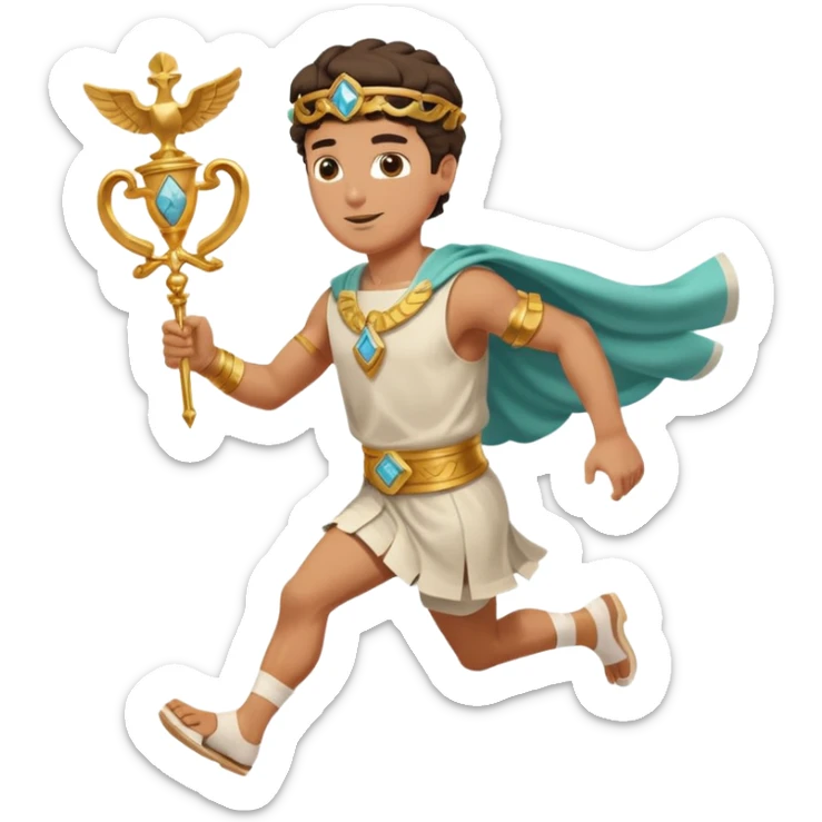 a guy (hermes) running with his caduceus and a petasos on his head in a greek tunic sticker
