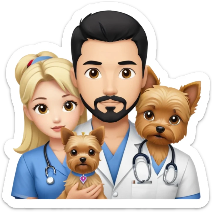 Blonde nurse next to black haired Korean Asian handsome muscular man with black pointy hair full goatee.   Holding one blonde yorkie.  sticker