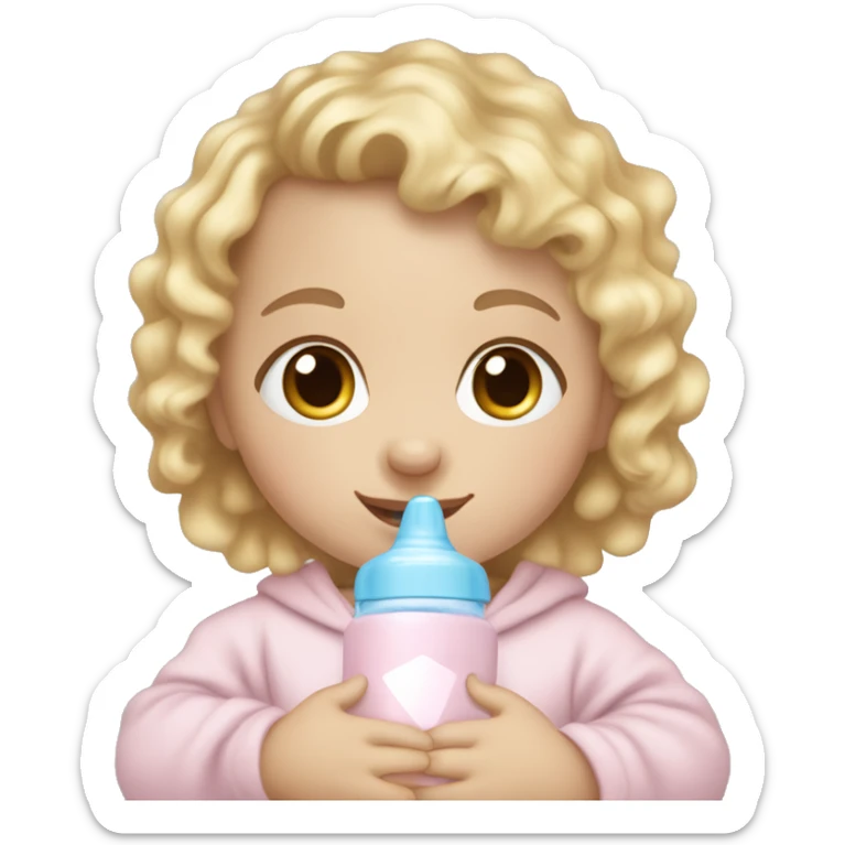 sitting baby girl with pale skin and blonde curly hair wearing a light pink onesie and holding a light blue baby bottle sticker