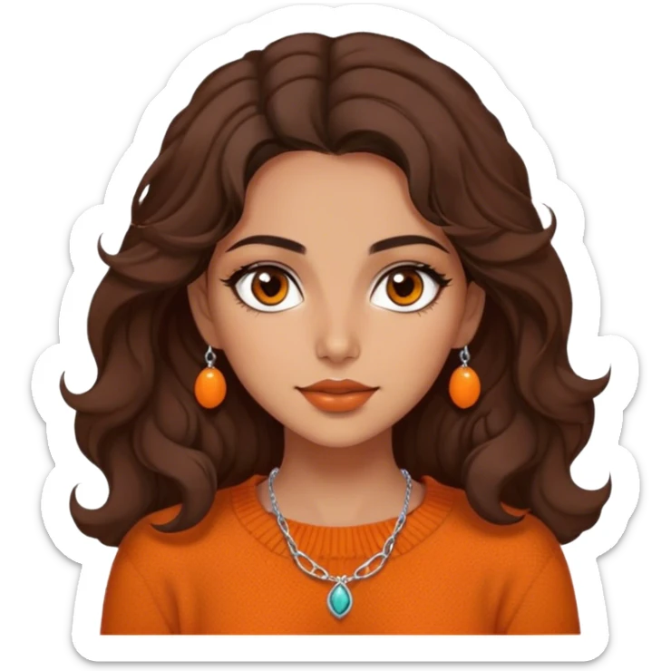 Iranian girl with warm tan skin, wearing an orange wool sweater. She has dark brown, shoulder-length wavy hair, one brown eye, and slightly full lips. She also wears a delicate necklace. sticker