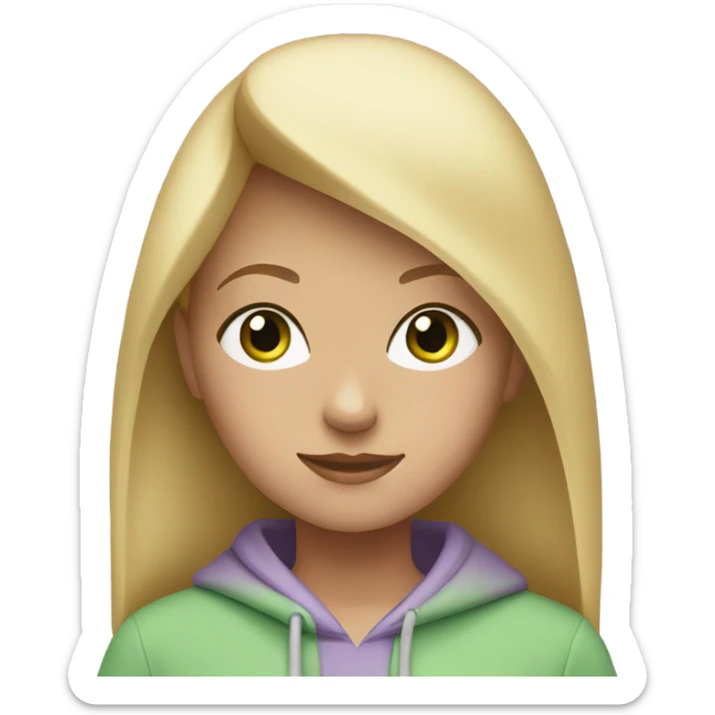 Blonde girl with green eyes wearing a lavender hoodie sticker