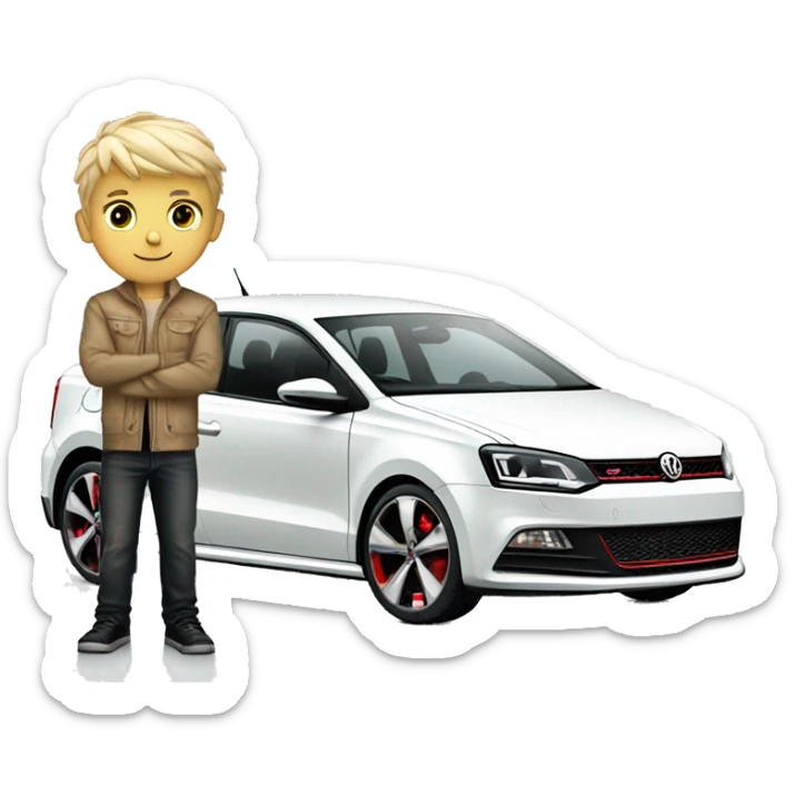 Blonde boy standing with white Volkswagen polo GTI with gold alloys sticker
