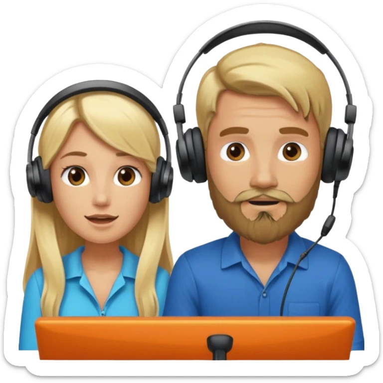 pareja hombre con barba y mujer rubia  pelo largo  charlando en streaming con auriculares sticker