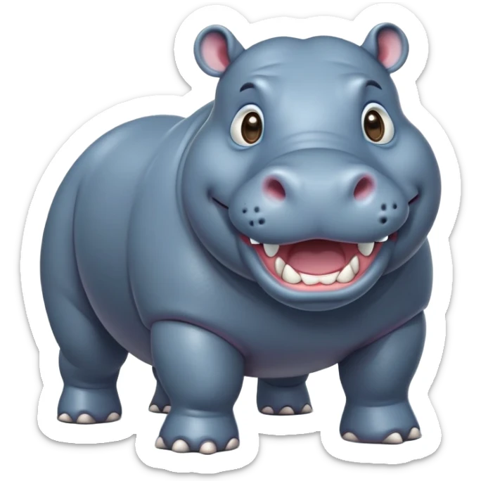 cinematic-hippo-realistic-full-body-side-view-standing-on-all-fours-emoji,-massive-round-frame,-wide-mouthed-grin-exposing-huge-teeth,-head-tilted-dramatically,-thick-greyish blue-hide-glossy, big cute eyes sticker