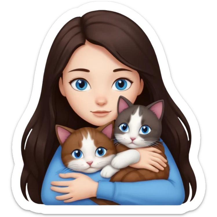 a girl with long dark 
brown hair, with blue eyes, hugs 3 different natural coloured cats sticker
