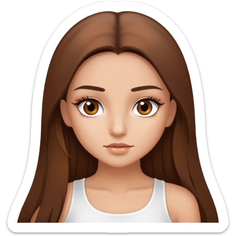 beautiful girl, long straight brown hair, brown eyes with lashes, wearing a white crop top, tan skin sticker