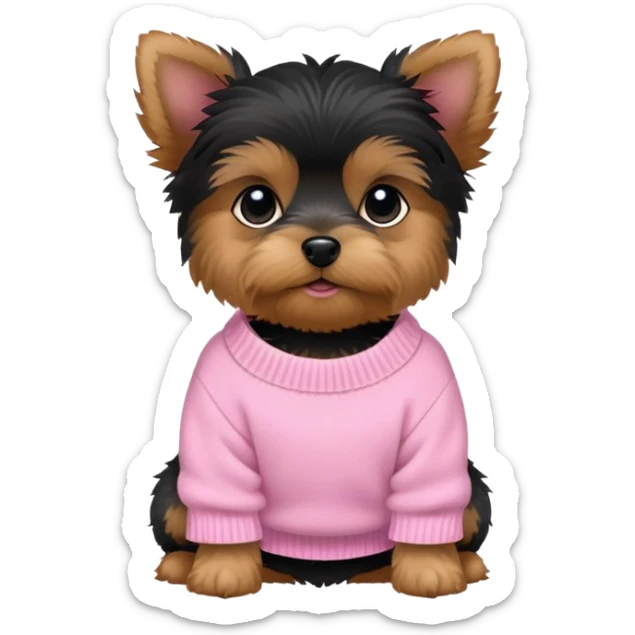 Black and tan yorkie puppy wearing a pink sweater sticker