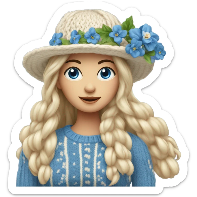 beautiful finnish long hair woman with blue eye knitting floral hat sticker