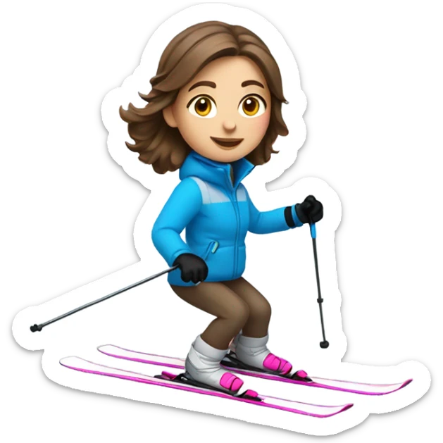 Girl with brown hair skiing with a blue coat white pants and pink skis sticker
