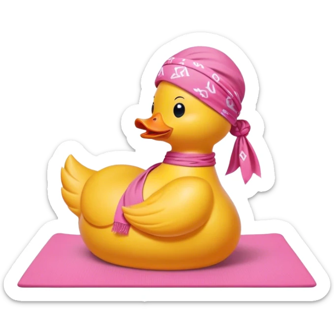 side view of yellow rubber duck with a pink bandana doing yoga while praying sticker