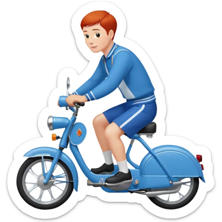 Un Solex 5000 de couleur blanche avec un homme aux guidon, habillé en bleu avec les cheveux courts et roux  sticker