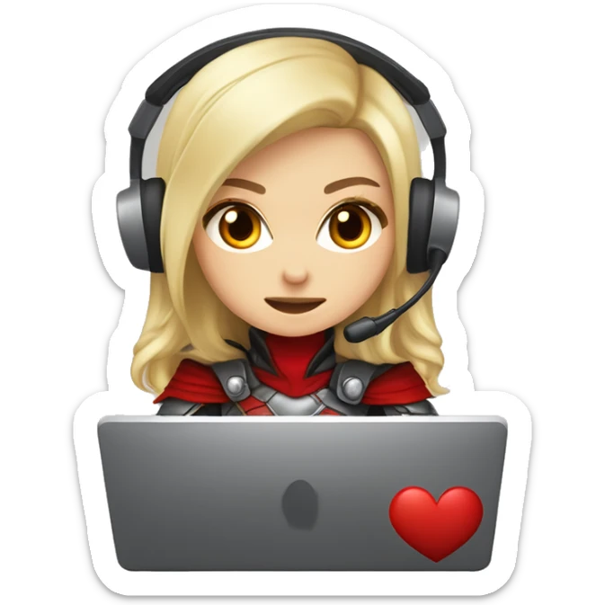 female blonde with armor and a red hood, amber eyes, red crescent moon on her right cheek, talking on headset, playing on her pc, chibi twicht emote, clear background sticker
