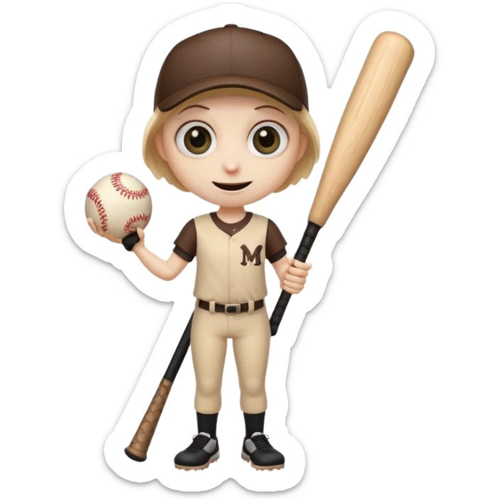 creepy long stump character with arms and legs holding a baseball bat big eyes creepy grin inspired by the uploaded image emoji style sticker