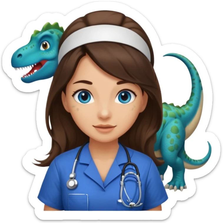 pretty brunette nurse with long hair and blue eyes in dinosaur scrubs sticker