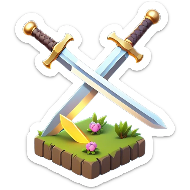Clash of Clans aesthetic: Cinematic Playful 3D Isometric Sword Emoji, rendered in a 3D vector-style similar to standard emojis with minimal shading and bold, simplified shapes. A compact, distinct form with signature details, softly glowing with a fantasy RPG magic charm. Simplified yet unmistakably iconic, highly detailed and consistent, glowing with a soft radiance and high shine. Stylized with a touch of heroic grandeur and a soft glowing outline, capturing the essence of a beloved gaming relic with a friendly, playful manner! sticker
