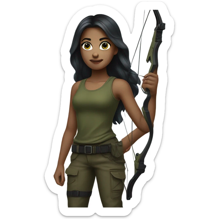 girl armed with bow and arrow, long dark hair, blue eyes, light skin, army green cargo pants, black tank top, black combat boots sticker