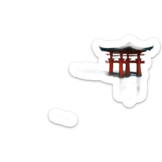 A lakeside island with a torii gate shinto shrine and small Japanese house with a blue tiled roof sticker